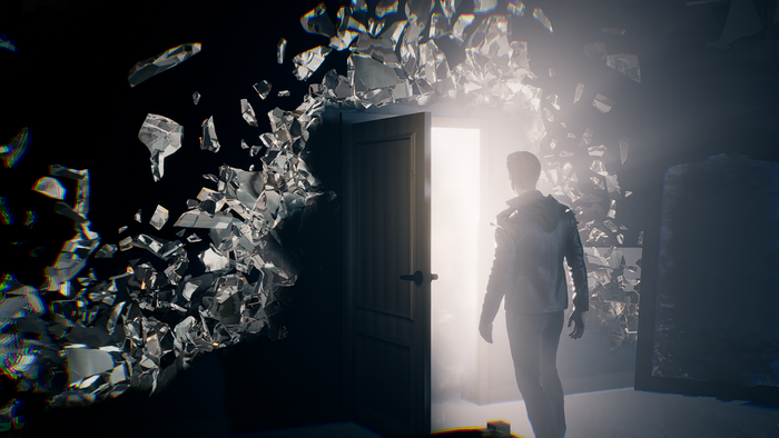 Man walking through a shattered doorway into bright light