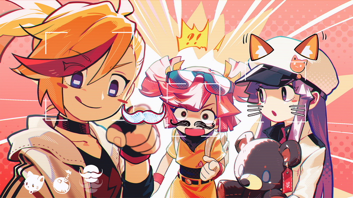 Three anime girls with props in Muse Dash style