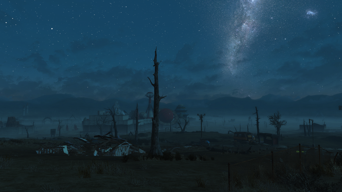 Post-apocalyptic landscape at night with stars