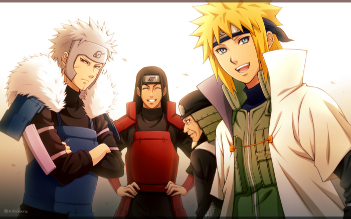 Hashirama Senju, Tobirama Senju, Hiruzen Sarutobi, and Minato Namikaze from Naruto