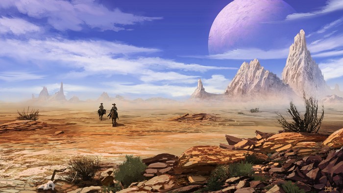 Cowboys riding horses in a desert landscape with a large planet in the sky