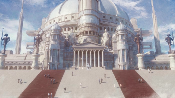 Monumental building with statues and stairs