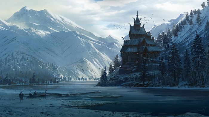 Viking settlement by a frozen lake with mountains