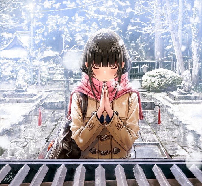 Anime girl praying in the snow at a shrine