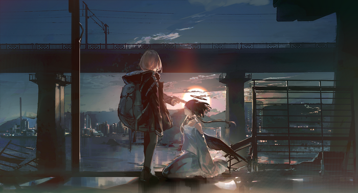 Anime girl with gun points at kneeling angel during sunset