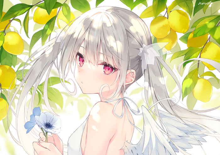 Anime girl with silver twintails and wings holding flowers