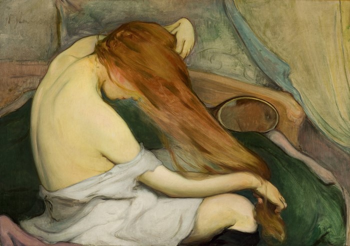Woman with Long Red Hair and Mirror by Wladyslaw Slewinski