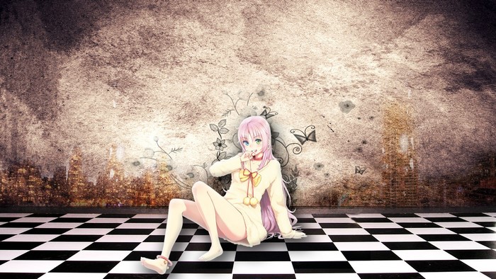 Anime girl with pink hair and heterochromia sitting on a checkered floor