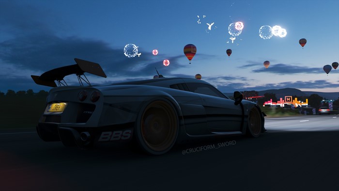Forza Horizon 4 supercar with fireworks and hot air balloons