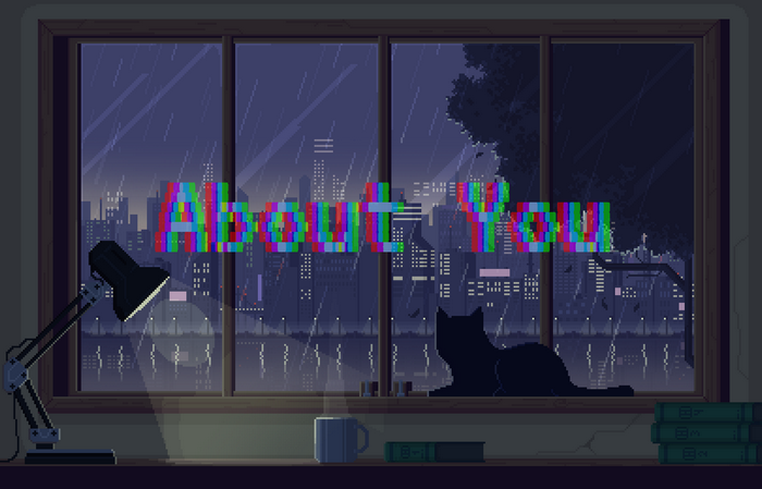 Pixel art of a cat by a window during rain