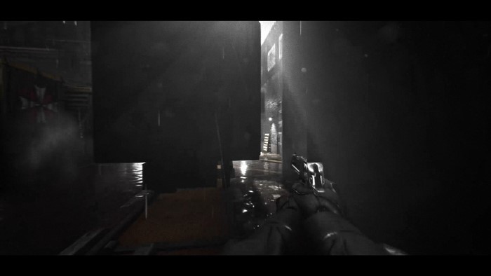 First-person view of a gun in a dark alleyway
