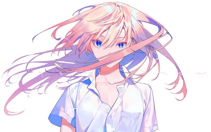 Anime girl with pink hair and blue eyes in white shirt
