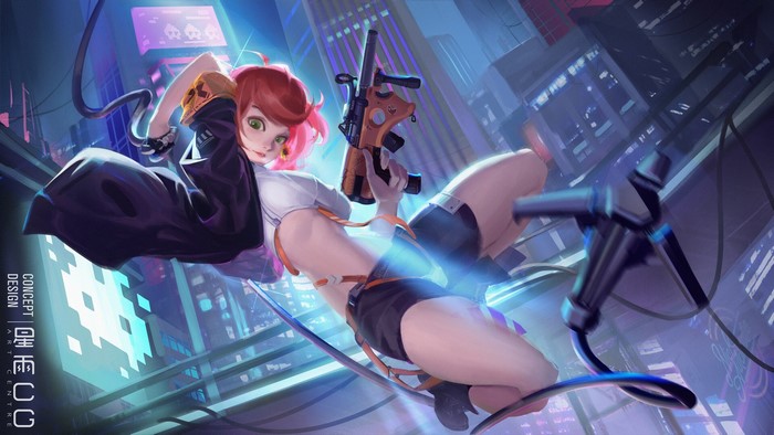 Girl with gun in futuristic city