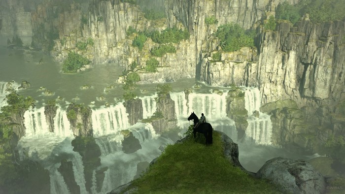 Wander on horseback overlooking waterfalls in Shadow of the Colossus
