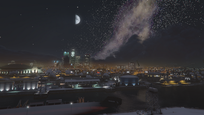 4K night sky over Los Santos dock with Milky Way