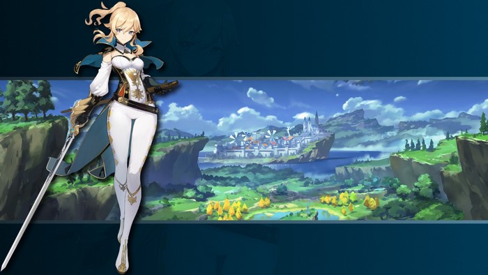 Jean from Genshin Impact with a sword and city background