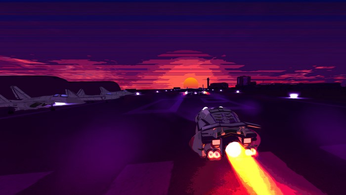 4K artwork of a futuristic vehicle on a runway at sunset