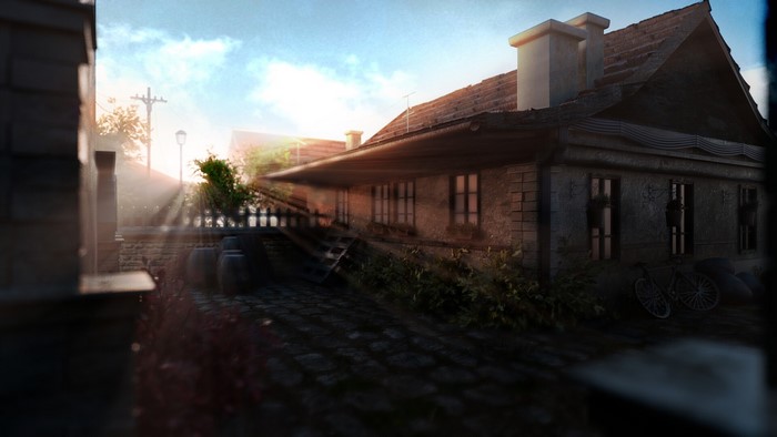 Street scene with buildings and sun rays