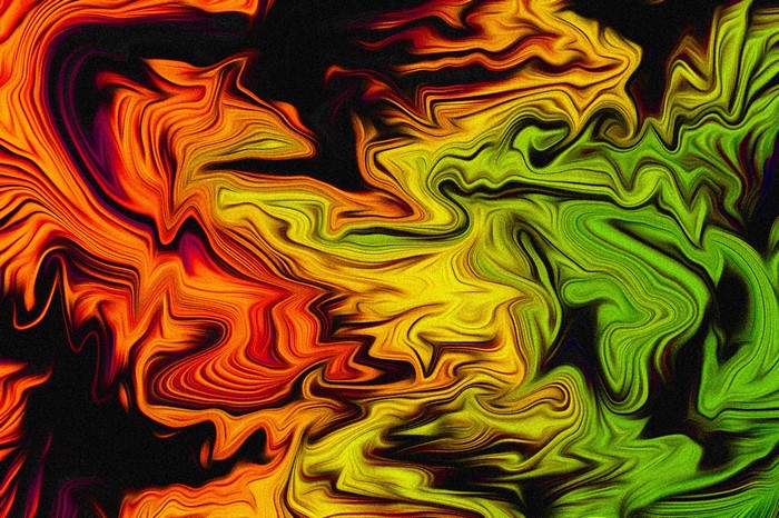 Abstract fluid art with orange, yellow, and green swirls