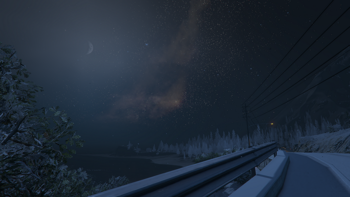 4K night sky with Milky Way over snowy landscape in GTA V