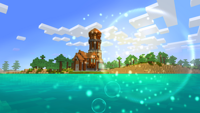 Video game landscape with lighthouse and island