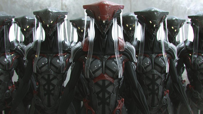 Group of robotic figures in science fiction digital art