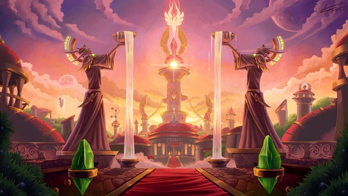 Blood Elves from World of Warcraft in a city with fountains
