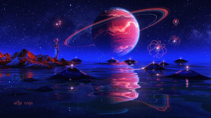 Astronaut on alien planet with ringed planet and glowing orbs