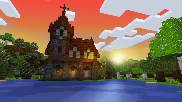 Minecraft church by a lake at sunset