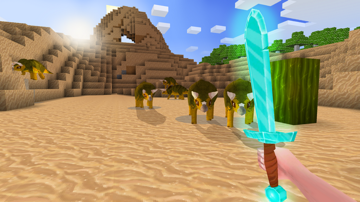 Player with diamond sword facing dinosaurs in desert
