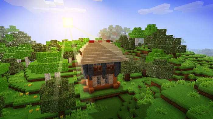 Minecraft house in a sunny forest landscape