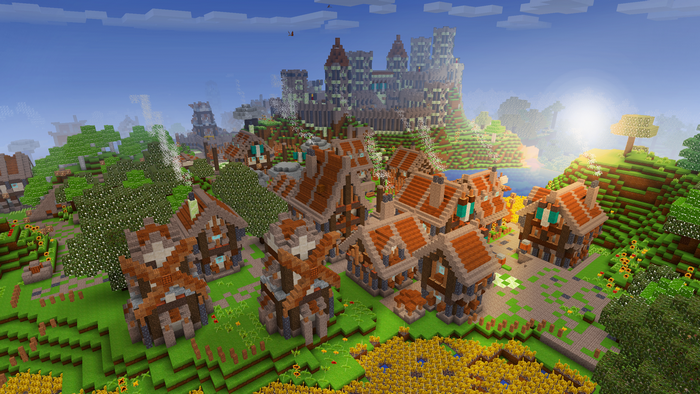Minecraft village with castle in the background
