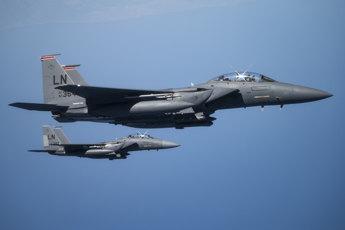 Two United States Air Force F-15E Strike Eagles flying