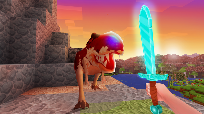 Pixel art dinosaur and player with diamond sword