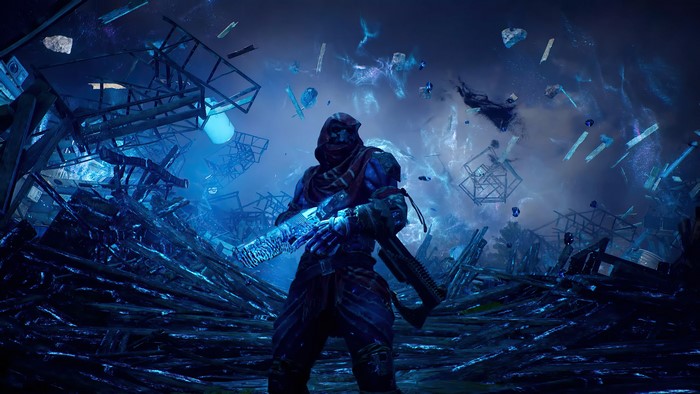 4K Outriders character with weapon in destroyed environment