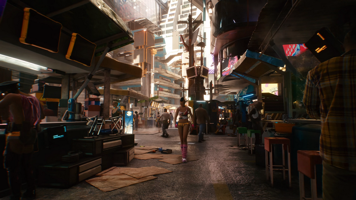 Cyberpunk 2077 street market scene