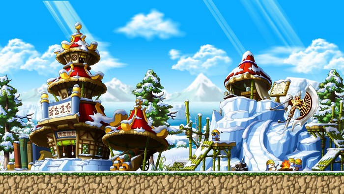 MapleStory winter village with traditional buildings