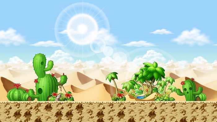 MapleStory desert landscape with cacti and palm trees