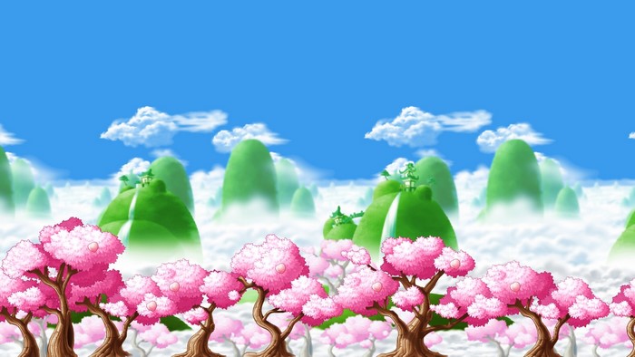 MapleStory landscape with cherry blossom trees and mountains