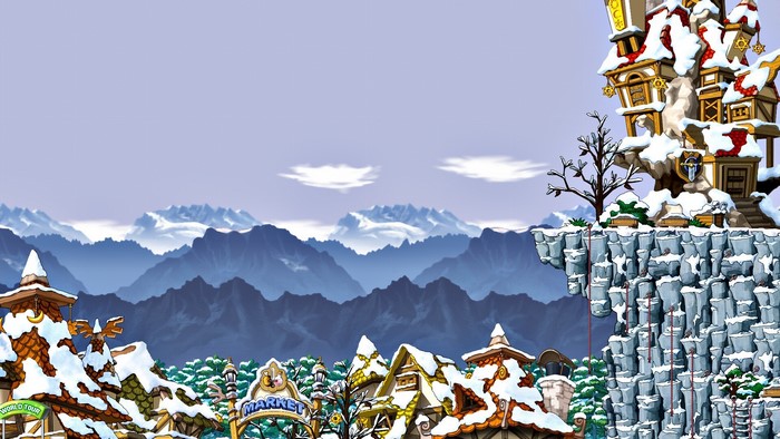 MapleStory snowy village with mountains and cliffside castle