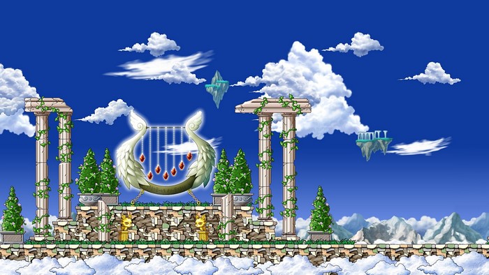 MapleStory video game art with ancient ruins and floating islands