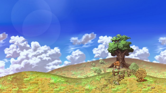MapleStory landscape with a large tree and a small house