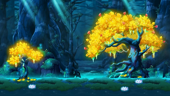 Magical forest with glowing trees and lotus flowers