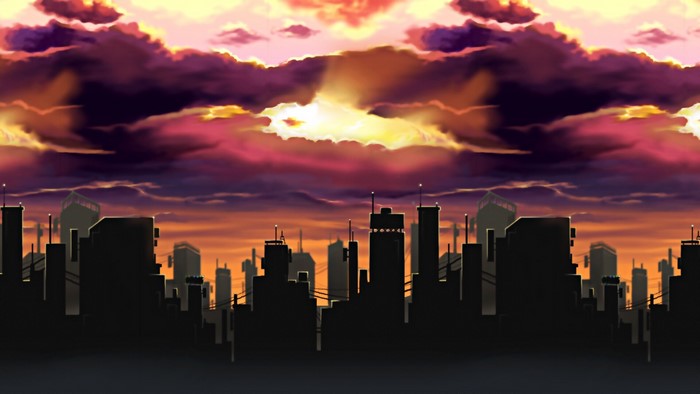 MapleStory cityscape at sunset
