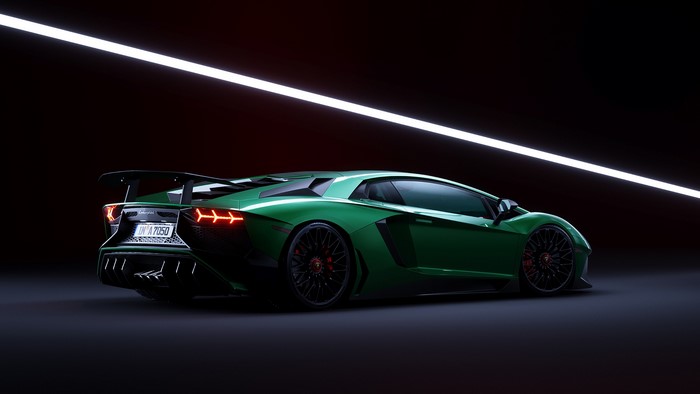 Green Lamborghini Aventador LP750-4 SV on dark background