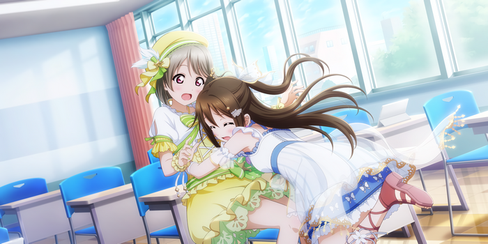 Two girls from Love Live! Series in a classroom