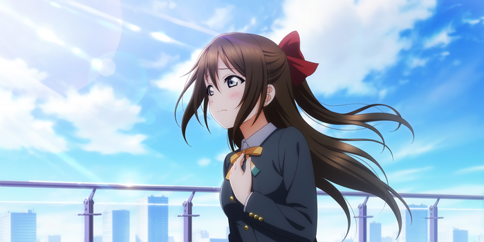 Anime girl with brown hair and red bow in Love Live! Sunshine