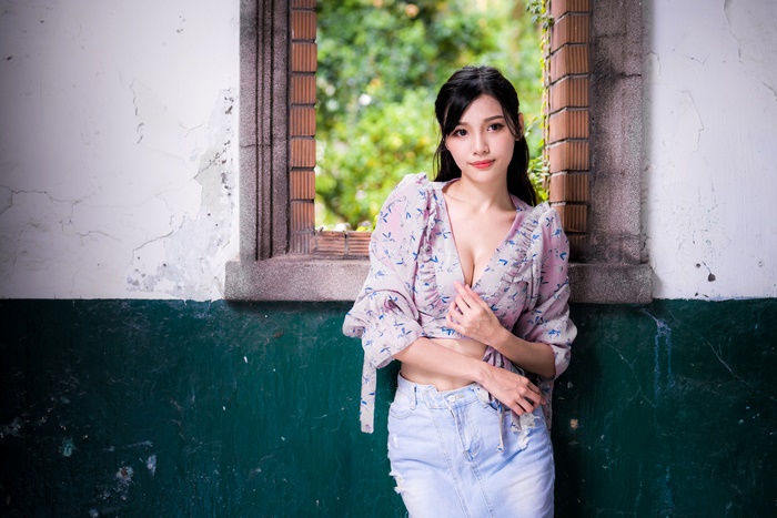 Asian Model with Black Hair in Window Frame 4K