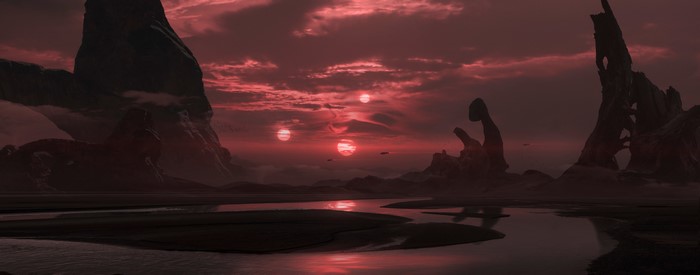 Digital art of a desert landscape with multiple suns