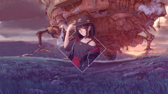 Anime girl with glasses and cap in front of a mechanical structure